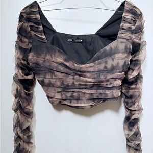 Zara Women's Sheer Black and Brown Ruched Blouse